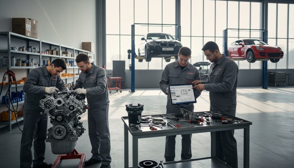 skilled automotive technicians working on vehicle engines
